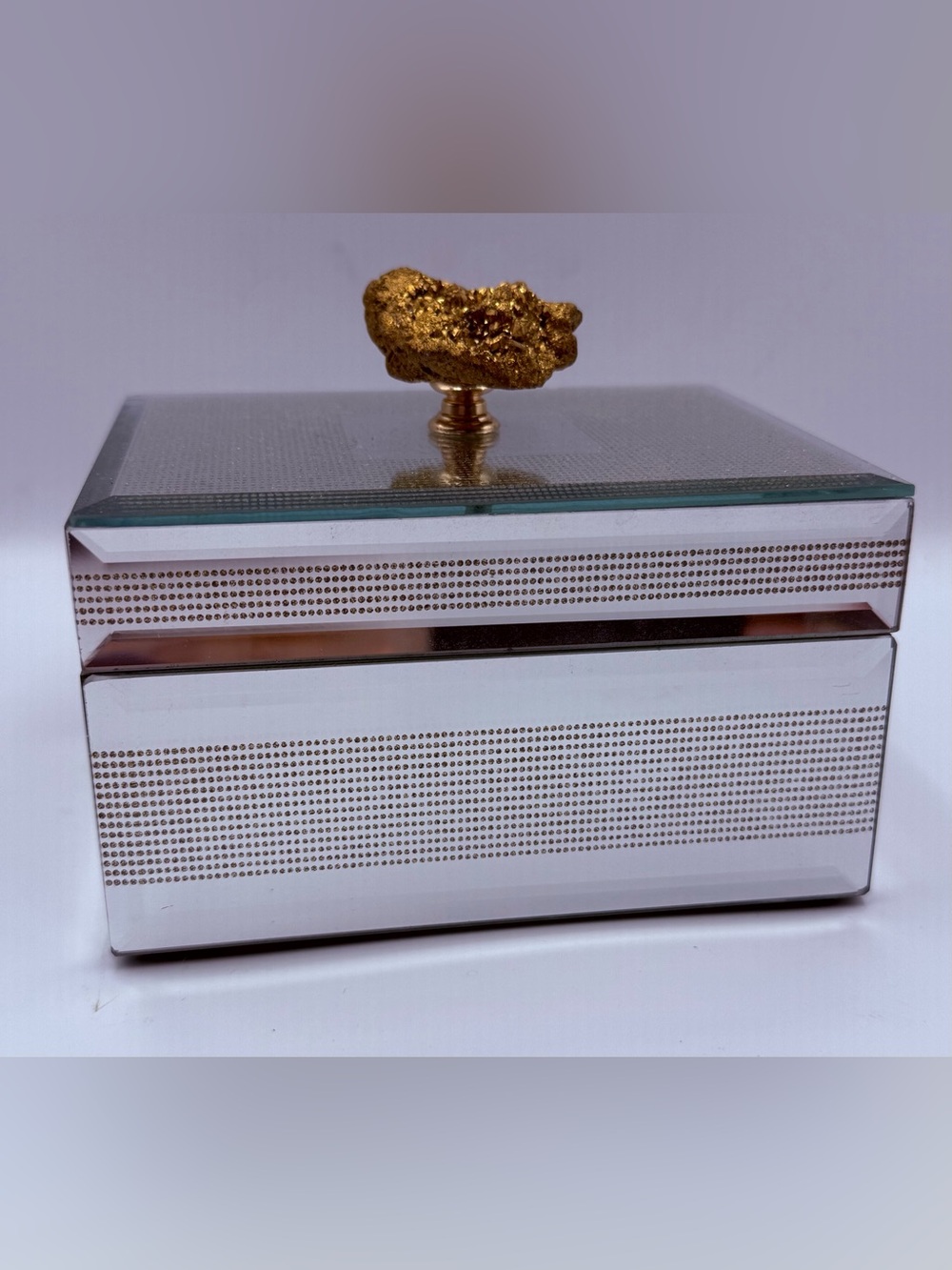 Pier 1 Mirrored Jewelry Box Velvet Lined with Gold Nugget Shaped Finial